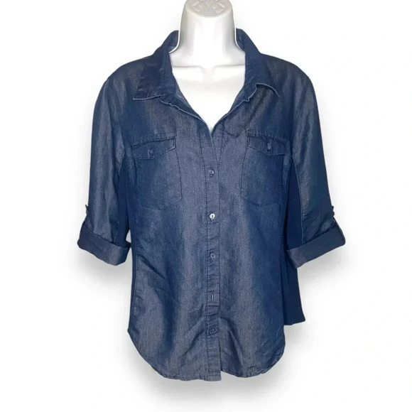 Cavalini Petite Collection Dark Wash Denim Shirt, PXL, ButtonUp with 3/4 Sleeves - Picture 7 of 8